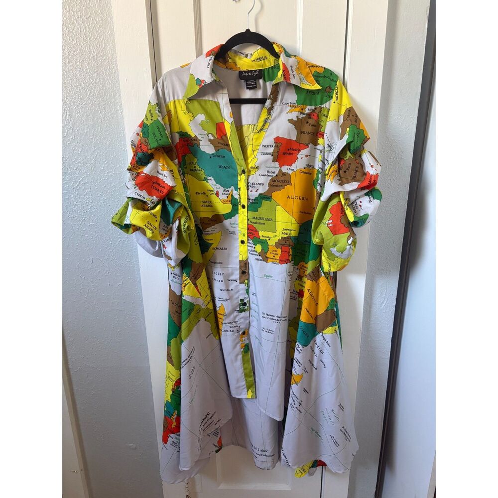 Vintage World Map Print Dress 90s High Low Puffed Sleeves Colorful Funky Large